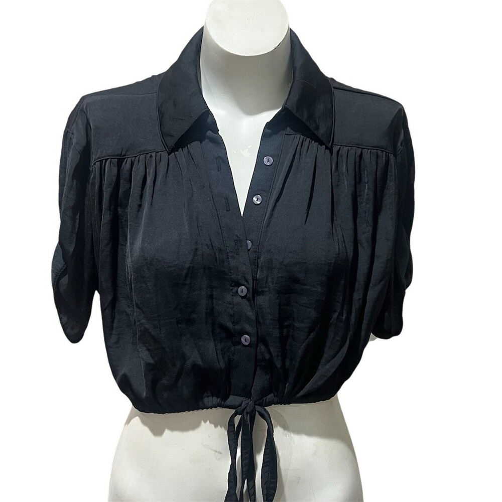 Free People Blouse Womens M Black Cropped Button-Front Tie Waist Top